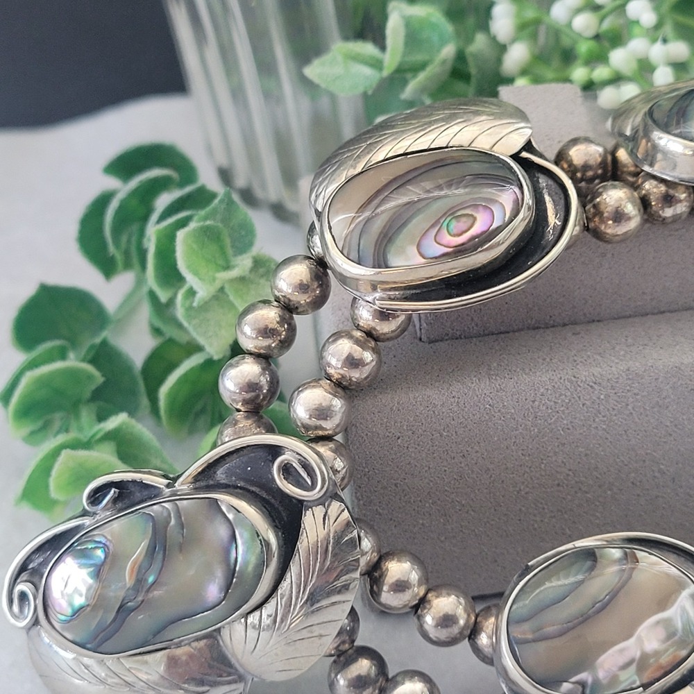 Mexico 925 Sterling Silver Abalone Leaf Necklace 20 Inch Southwestern